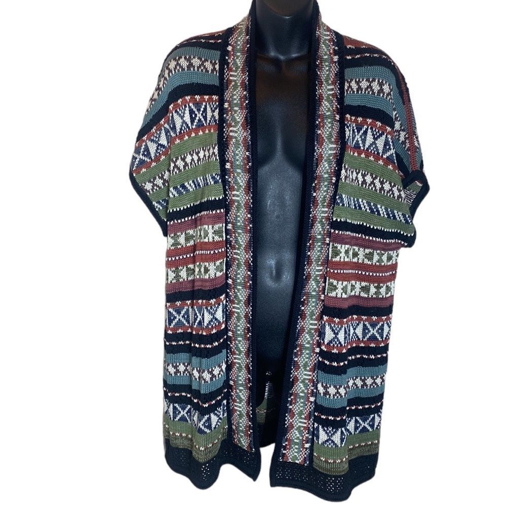 Peruvian connection small 100% Pima cotton open front art to wear knit cardigan